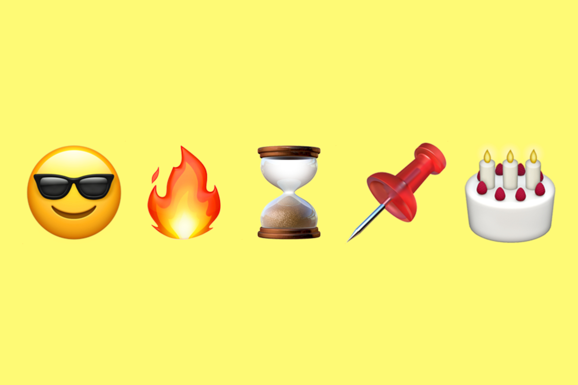 Emojis do Snapchat, incluindo óculos de sol, fogo, ampulheta, alfinete e bolo de aniversário.