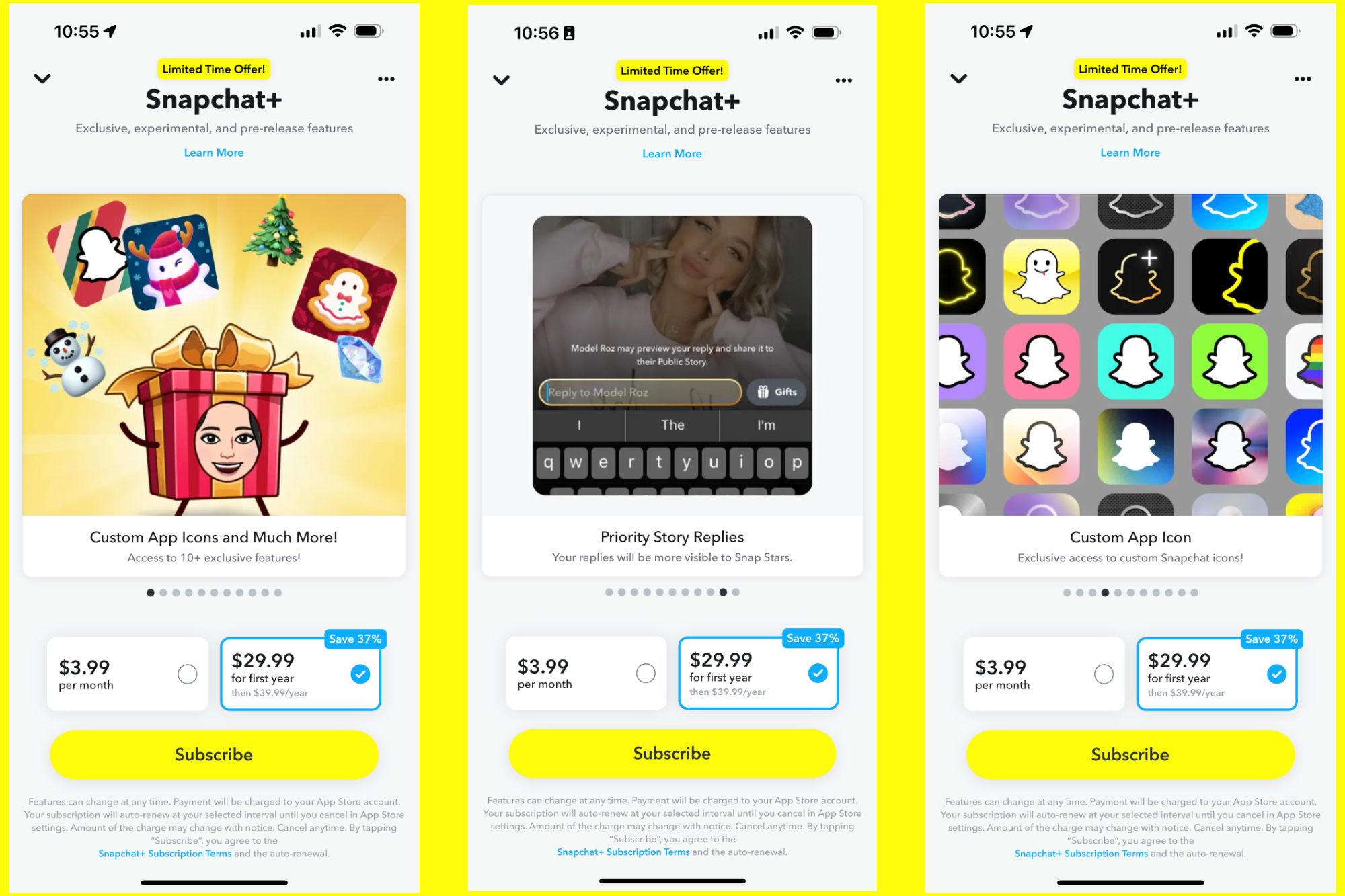 Screenshots of Snapchat Plus and some of its features.