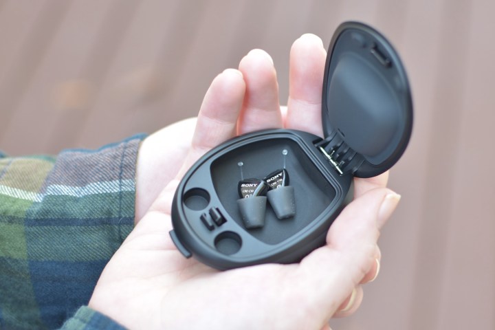 Sony CRE-C10 OTC hearing aid inside carrying case.