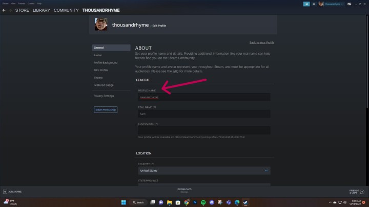 Steam profile edit page.