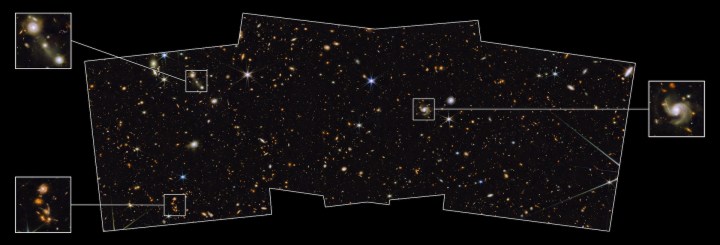 A swath of sky measuring 2% of the area covered by the full moon imaged with Webb’s Near-Infrared Camera.