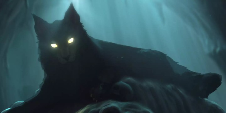 A giant cat with glowing eyes sits in The Sandman.