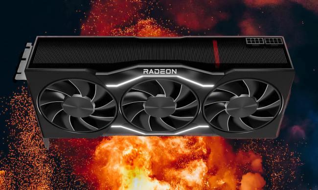 AMD Radeon RX 7900 XTX hovers over a raging fire.