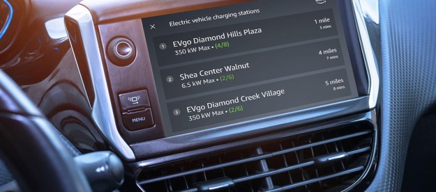 Amazon Alexa lists EV charging station locations on a vehicle touchscreen.