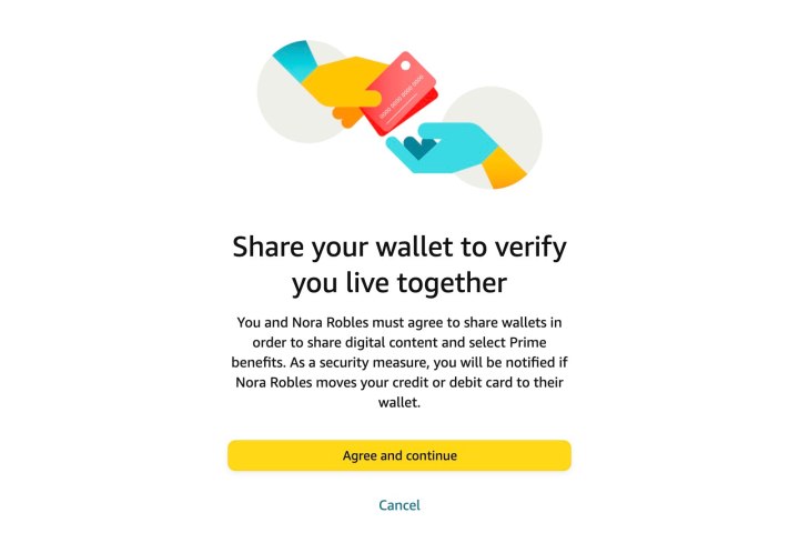 Confirming wallet sharing when adding an adult account to Amazon Household.