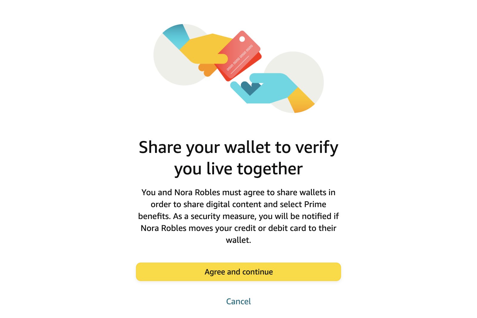 Confirmar el uso compartido de la billetera al agregar una cuenta de adulto a Amazon Household.