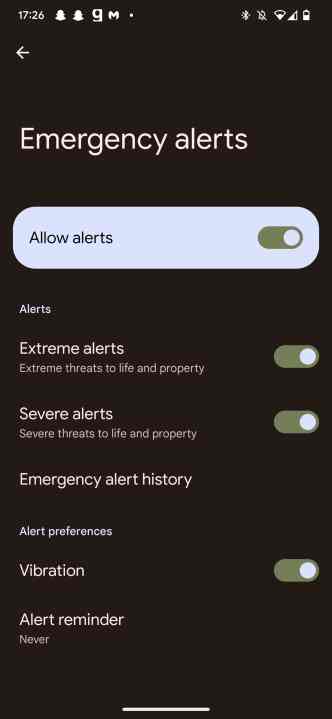 Android 13 Amber Alerts screen.