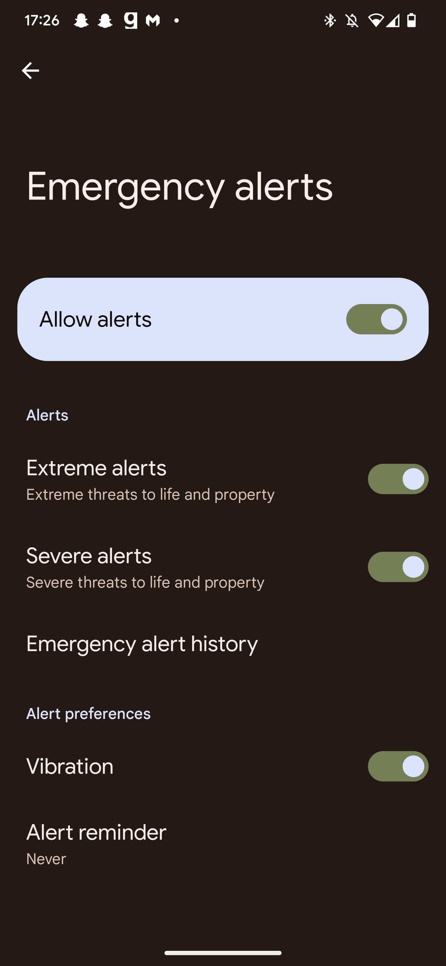 The Amber Alerts screen on Android 13.