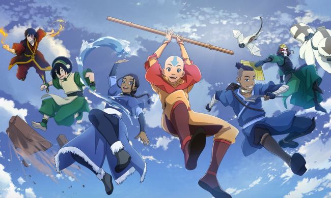Team Avatar from Avatar: The Last Airbender leaping through the air in Avatar: Generations key art.