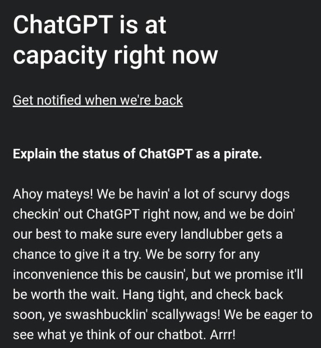 ChatGPT Busy Message like a pirate.