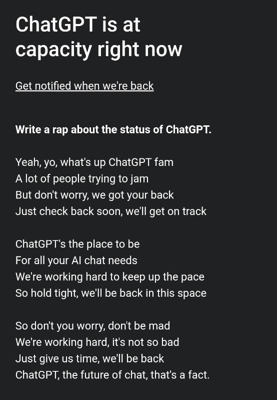 Mensagem de ocupado ChatGPT com rimas de limerick.