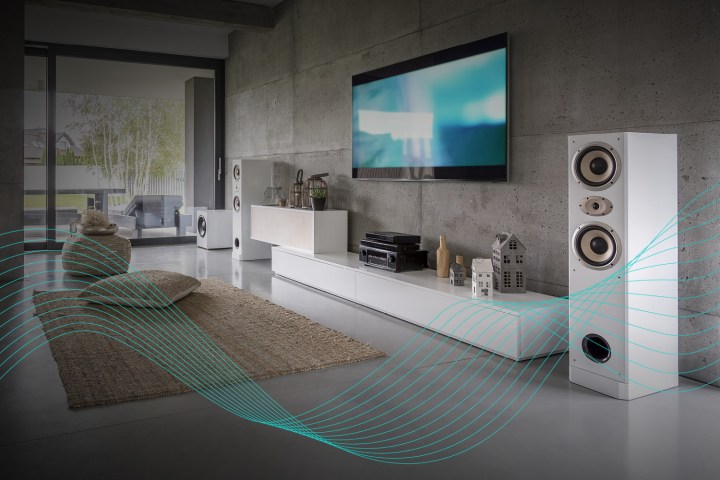 A Dirac Live Room Treatment-enabled speaker showing a soundwave graphic filling the room.