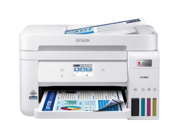 The Epson - EcoTank ET-4850 with a page on its tray.