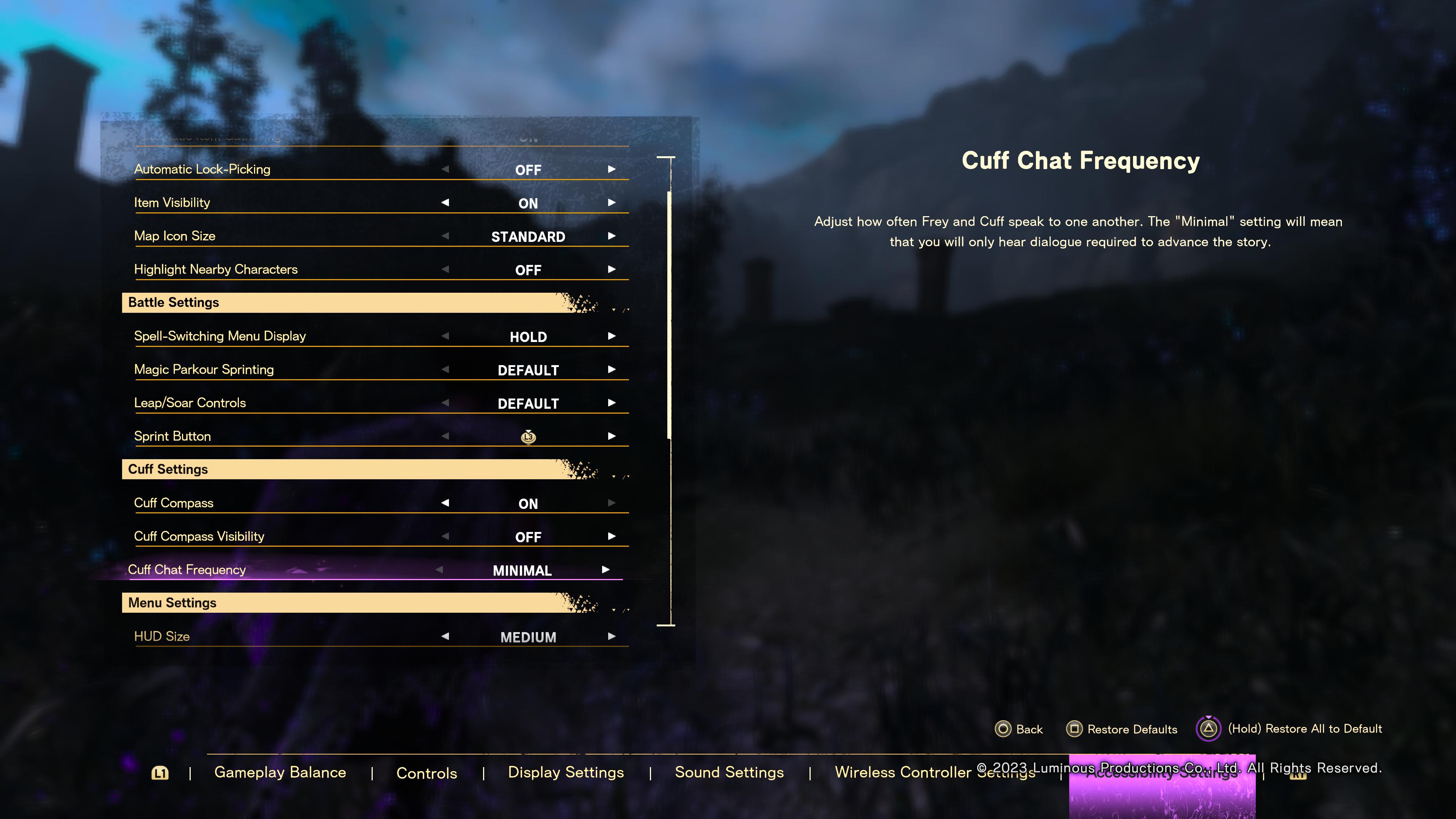 "Adjust how often Frey and Cuff speak to one another," Forspoken's Cuff Chat Frequency description says. "The 'minimal' setting will mean that you will only hear dialogue required to advance the story."