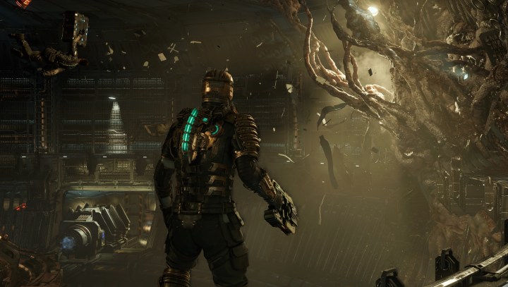 Issac Clarke exploring ruins in Dead Space Remake.