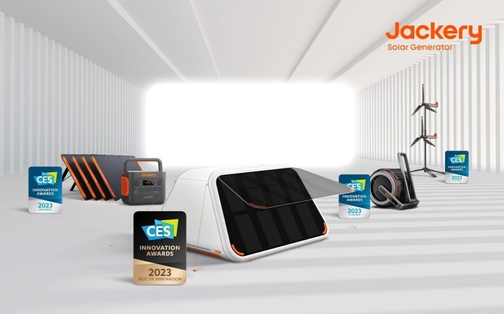 All the Jackery products shown off at CES 2023 on a stylized background.