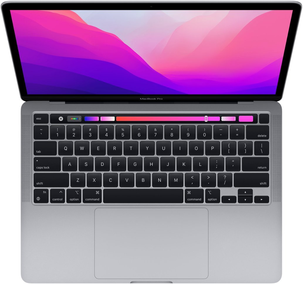 Macbook Pro 13 polegadas 2022, aberto e com teclado, trackpad e painel de controle totalmente visíveis.