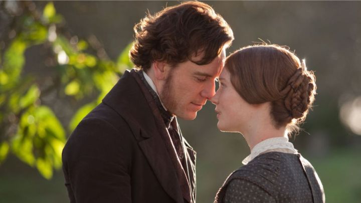 Mr. Rochester and Jane about to kiss in Jane Eyre.