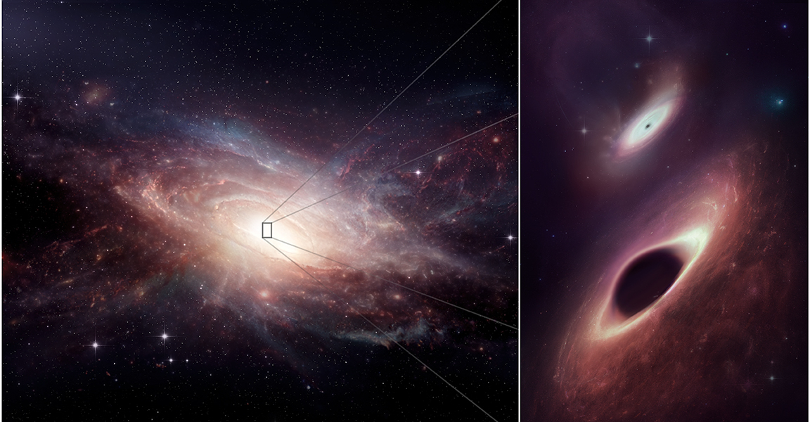 Künstlerische Darstellung, die die Verschmelzung von Galaxien im Spätstadium und ihre beiden zentralen Schwarzen Löcher zeigt.