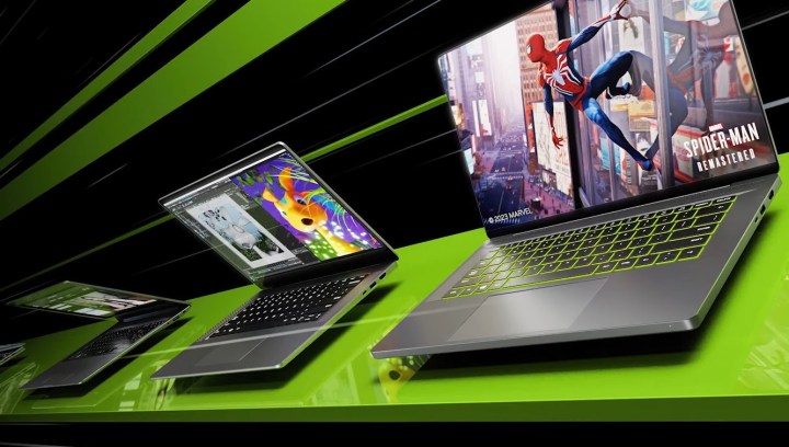 Upcoming Nvidia RTX 40-series laptops over a black and green background.