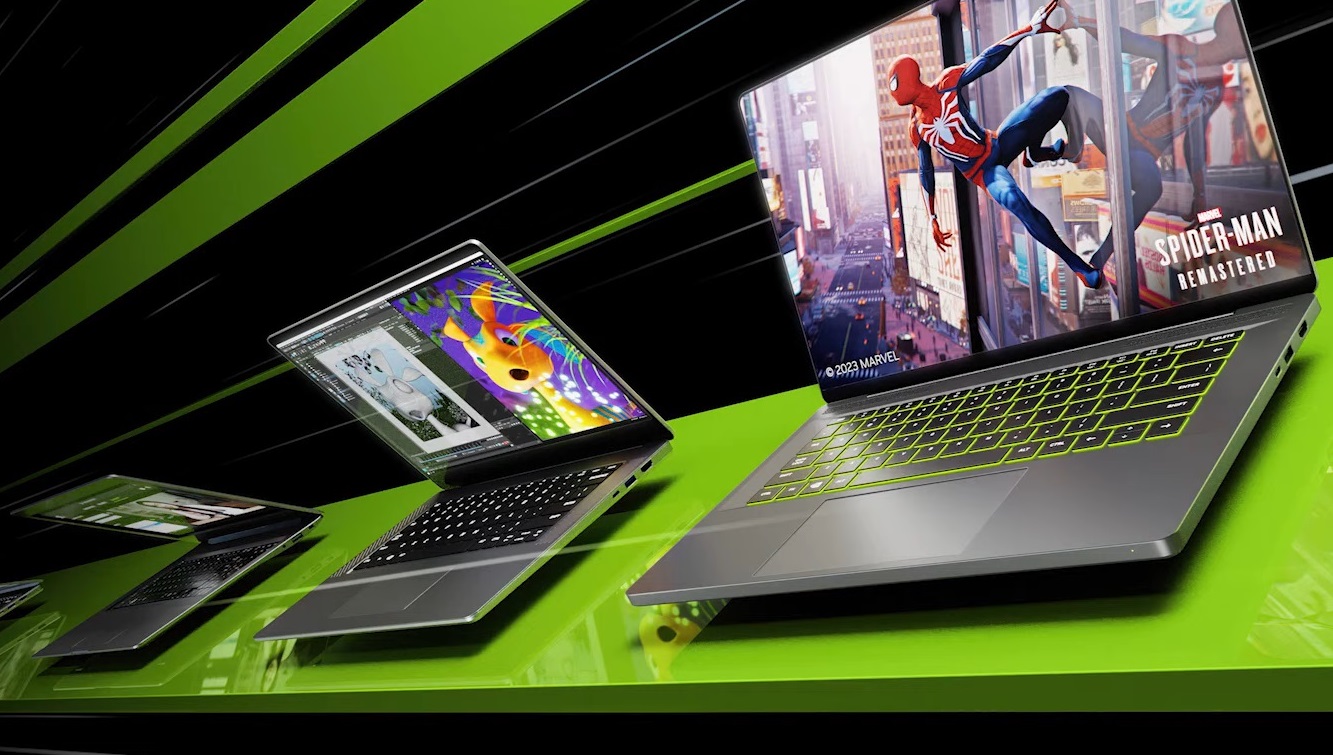 Próximos laptops da série Nvidia RTX 40 em um fundo preto e verde.