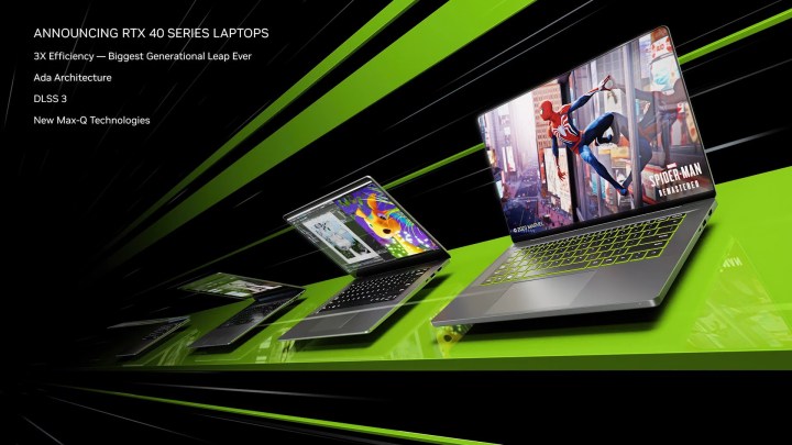 Nvidia RTX 40 laptops over a black and green background.