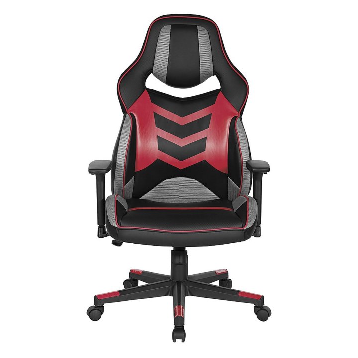 The OSP Home Furnishings Eliminator Gaming Chair in black and red, on a white background.