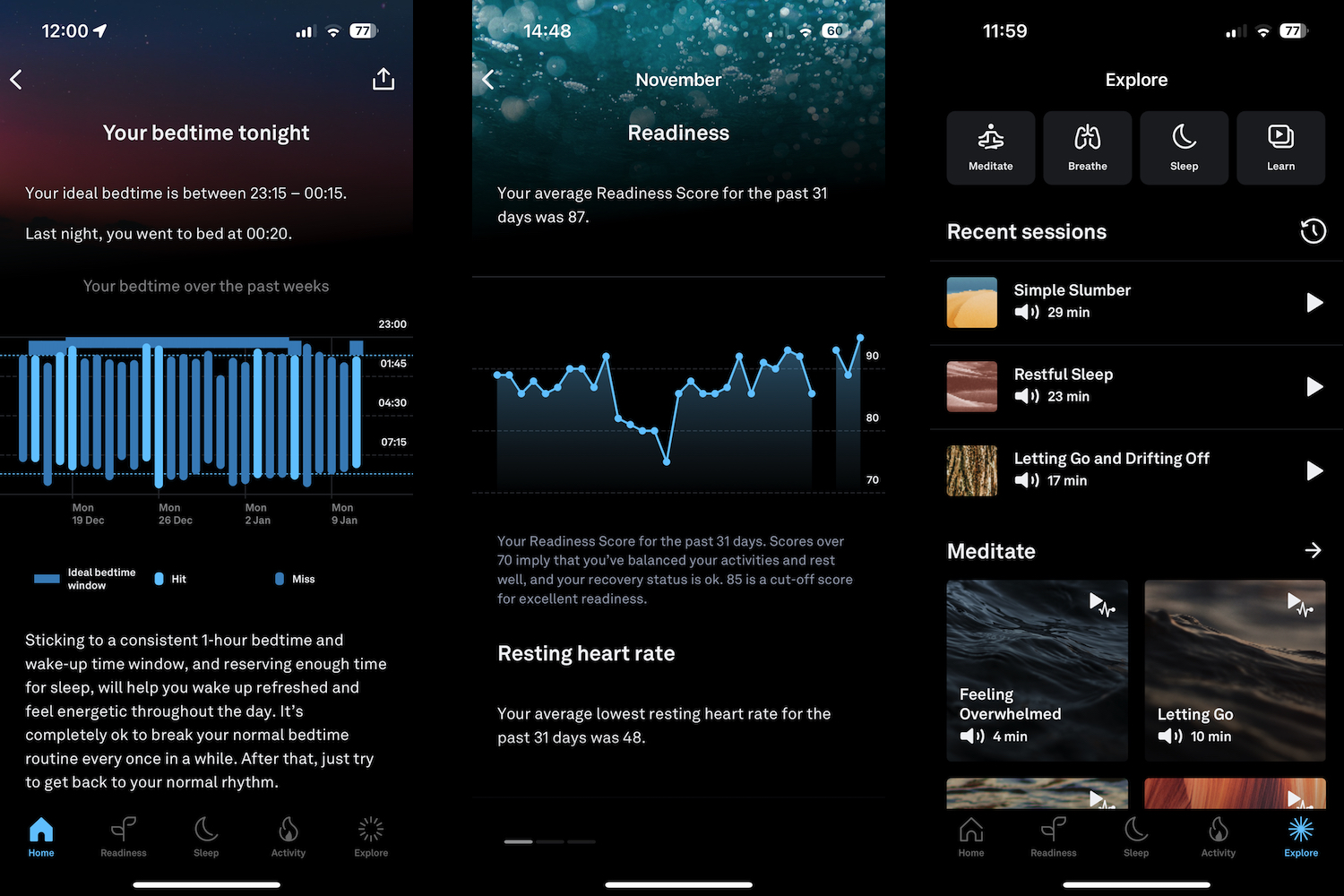 Screenshots showing the Oura Ring's app and data.
