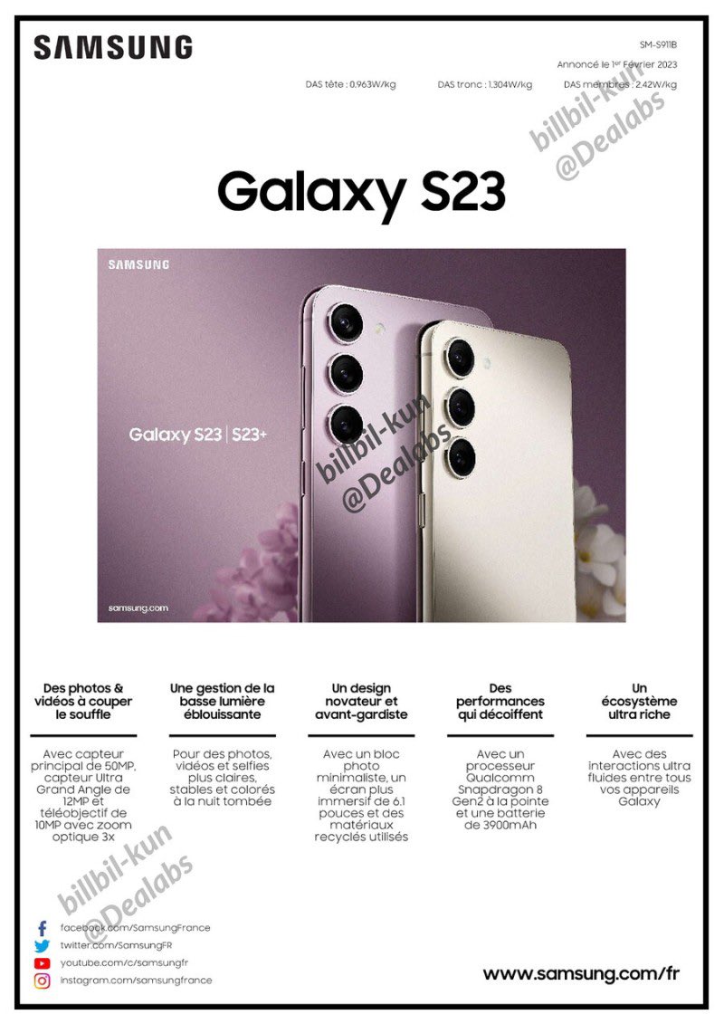 Leaked spec sheets of Samsung's upcoming S23 and S23 Plus.