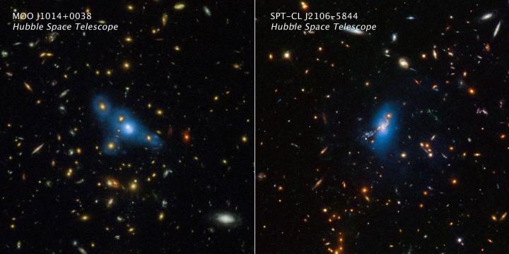 Estas son imágenes del Telescopio Espacial Hubble de dos cúmulos masivos de galaxias llamados MOO J1014 + 0038 (panel izquierdo) y SPT-CL J2106-5844 (panel derecho). El color azul agregado artificialmente se traduce de los datos del Hubble que capturaron un fenómeno llamado luz intracúmulo. Este resplandor extremadamente débil traza una distribución suave de la luz de las estrellas errantes dispersas por todo el cúmulo. Hace miles de millones de años, las estrellas se desprendieron de sus galaxias progenitoras y ahora se desplazan a través del espacio intergaláctico.