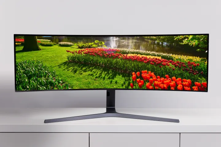 A 49-inch ultra-wide QD-OLED computer monitor as mocked up by Samsung Display