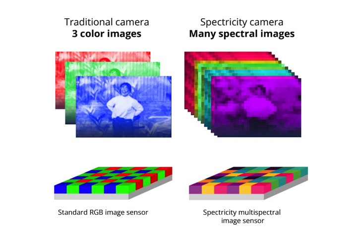 Exemplo das diferenças entre um sensor RGB e o sensor S1 da Spectricity.