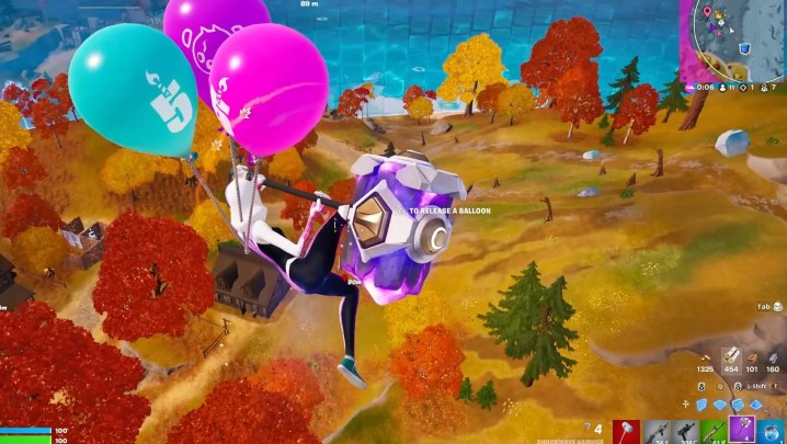 Spider-Gwen traveling with Balloons and the Shockwave Hammer in Fortnite.