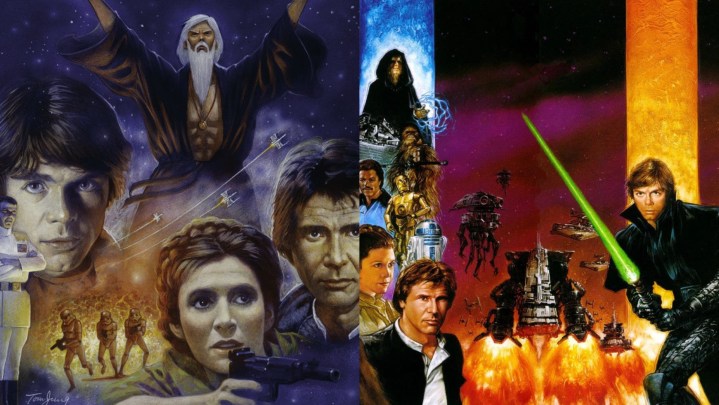 Imagen dividida de ilustraciones para las trilogías Star Wars: Heir to the Empire y Dark Empire.