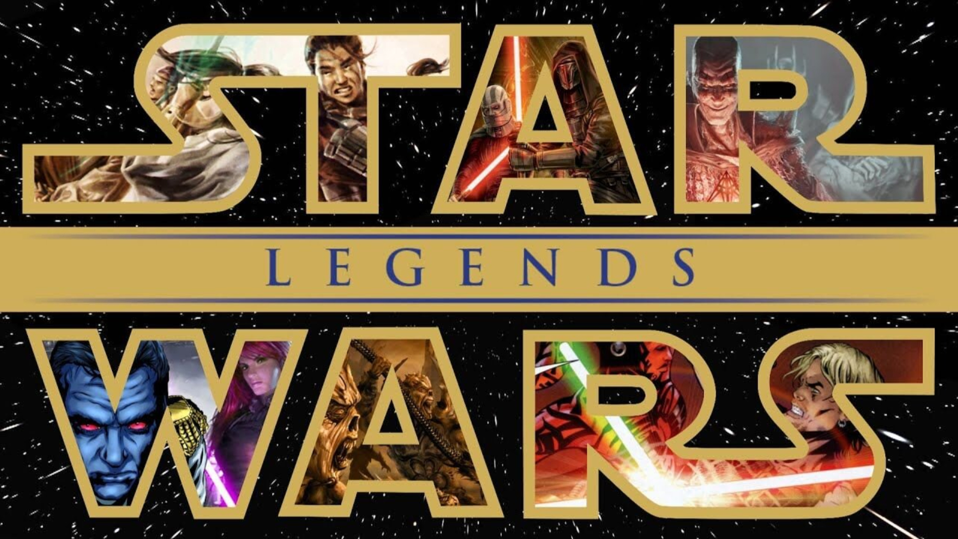 El logo de la continuidad de Star Wars Legends con arte de varias historias.