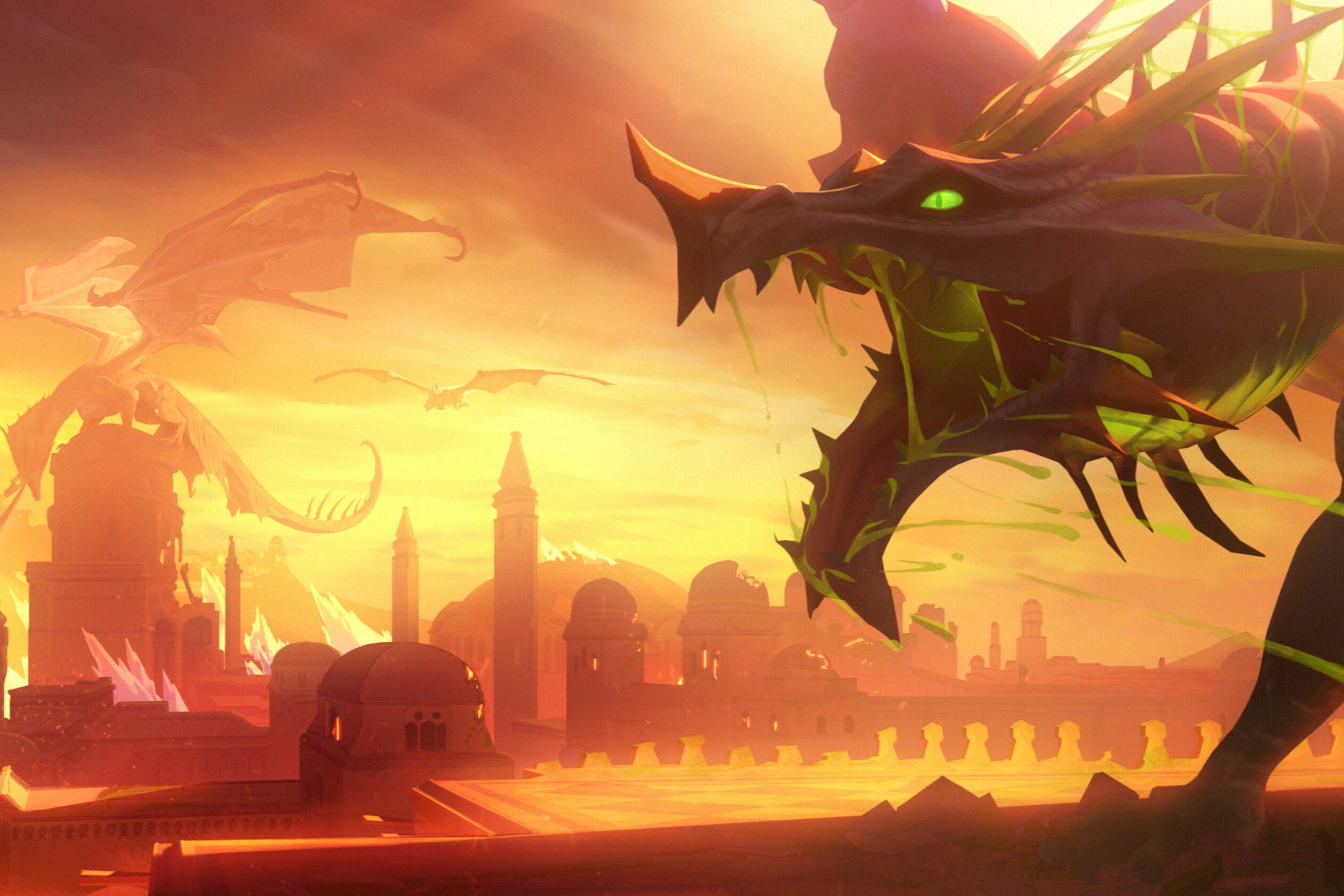 Umbrasyl ruge sobre uma cidade em chamas na segunda temporada de The Legend of Vox Machina.