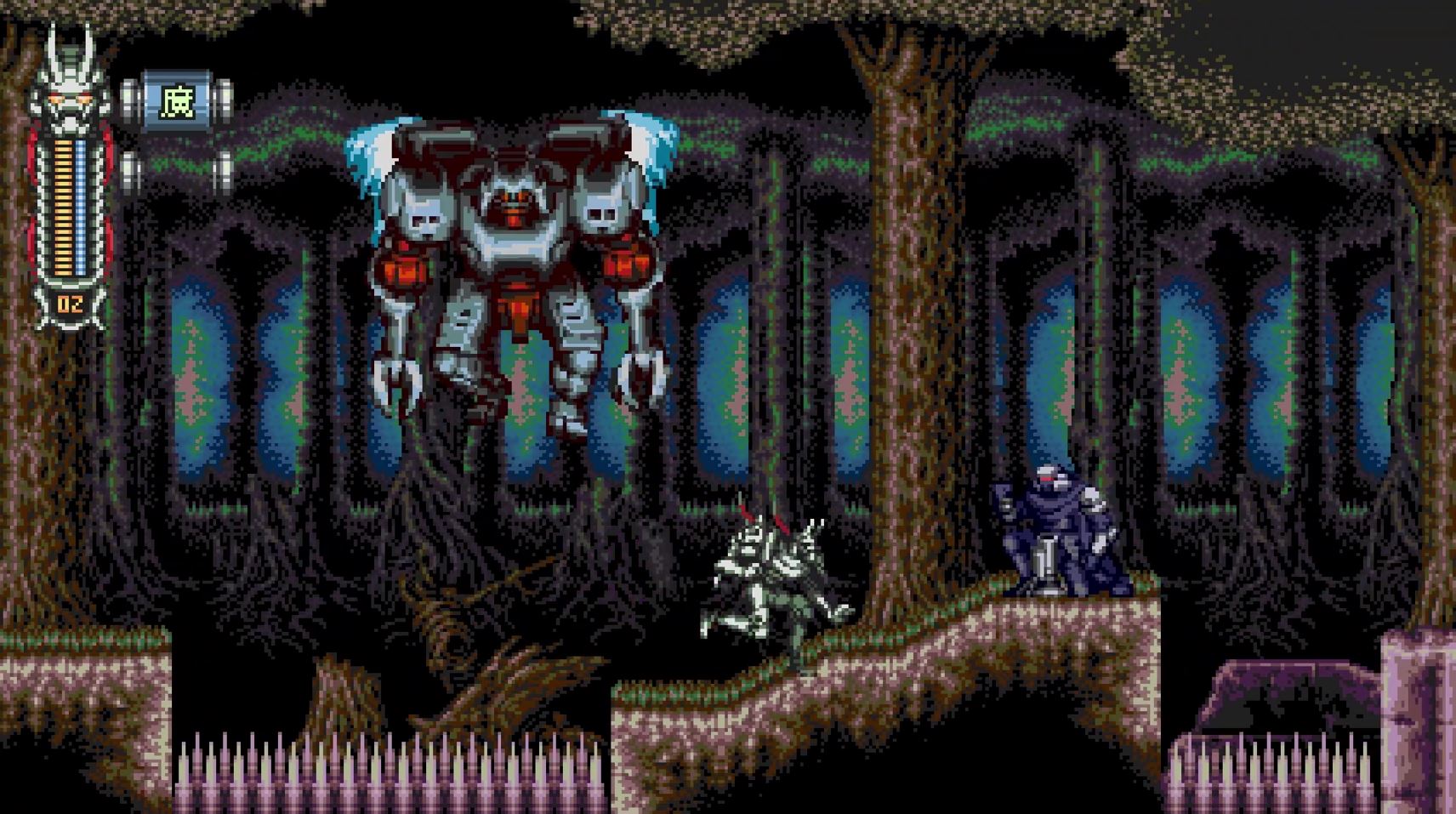 Moonrider corre por dos enemigos en un escenario Vengeful Guardian: Moonrider.