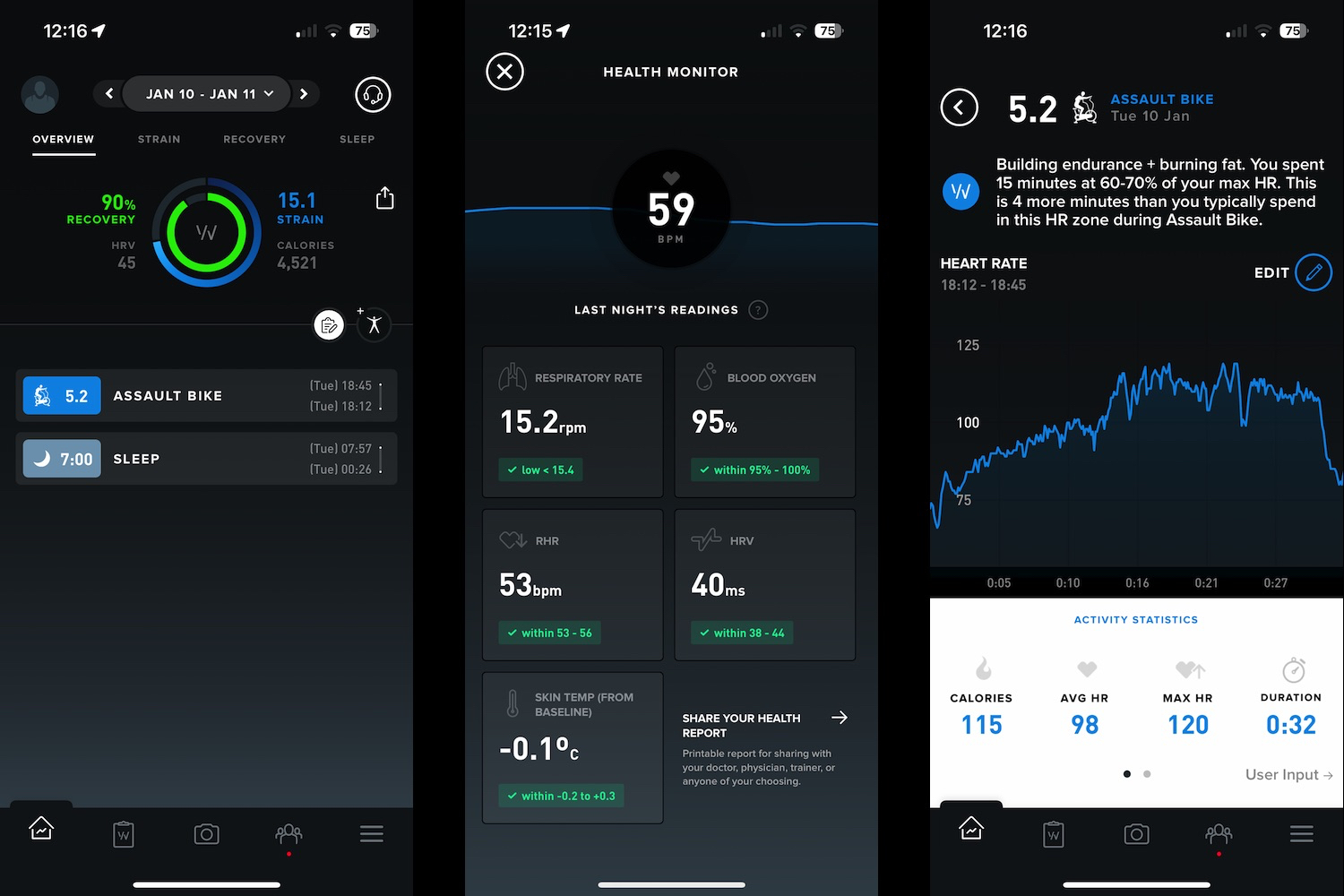 Screenshots showing the Whoop 4.0's app and data.