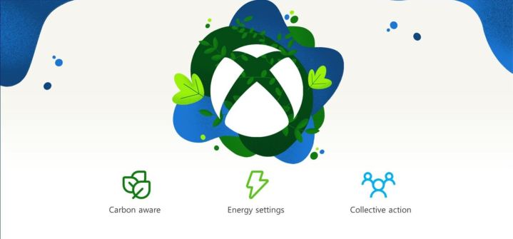 Arte oficial de Xbox que promueve el ahorro de energía, la conciencia del carbono y la acción colectiva.