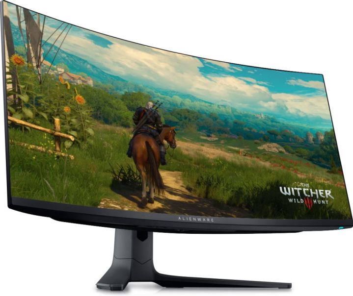 gaming Curved Alienware gaming monitor playing Witcher 3.
