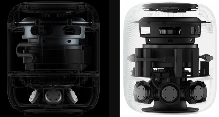 Diagram of the internal components of the second and first generation Apple HomePods side by side.