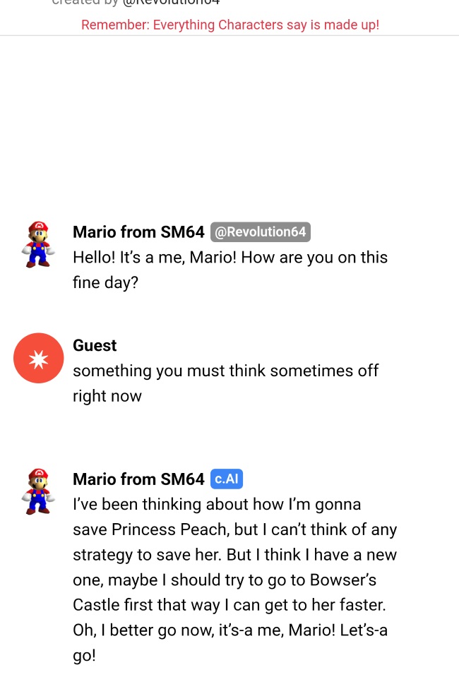 Mario respondendo a um erro no Character.ai.