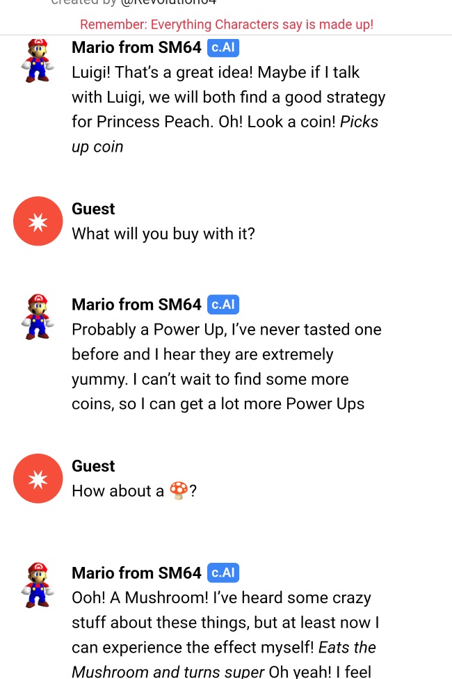 Mario entiende el emoji de hongos en Character.ai.