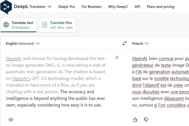 DPL AI Translator translates text from English to French.