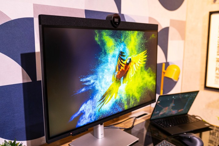 Dell UltraSharp 6K monitor connected to laptop on desk.
