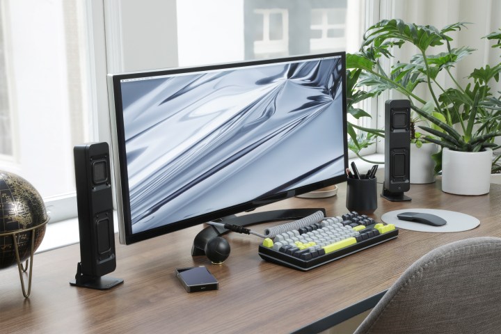 Drop's new BMR1 Nearfield Monitors on a desktop with a computer.