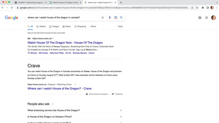Perguntando ao Google onde assistir House of the Dragon.
