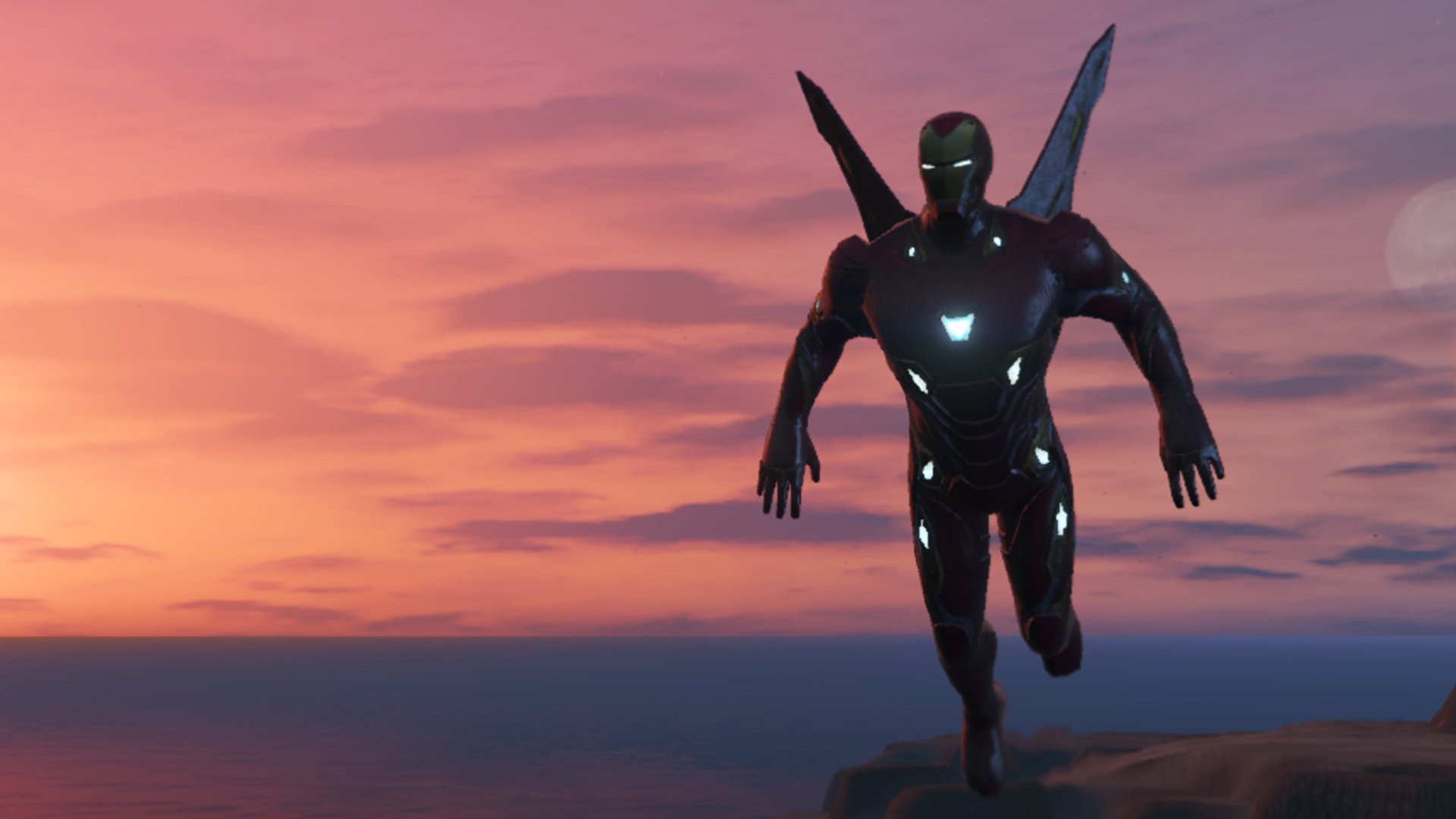 Homem de ferro voando ao pôr do sol.