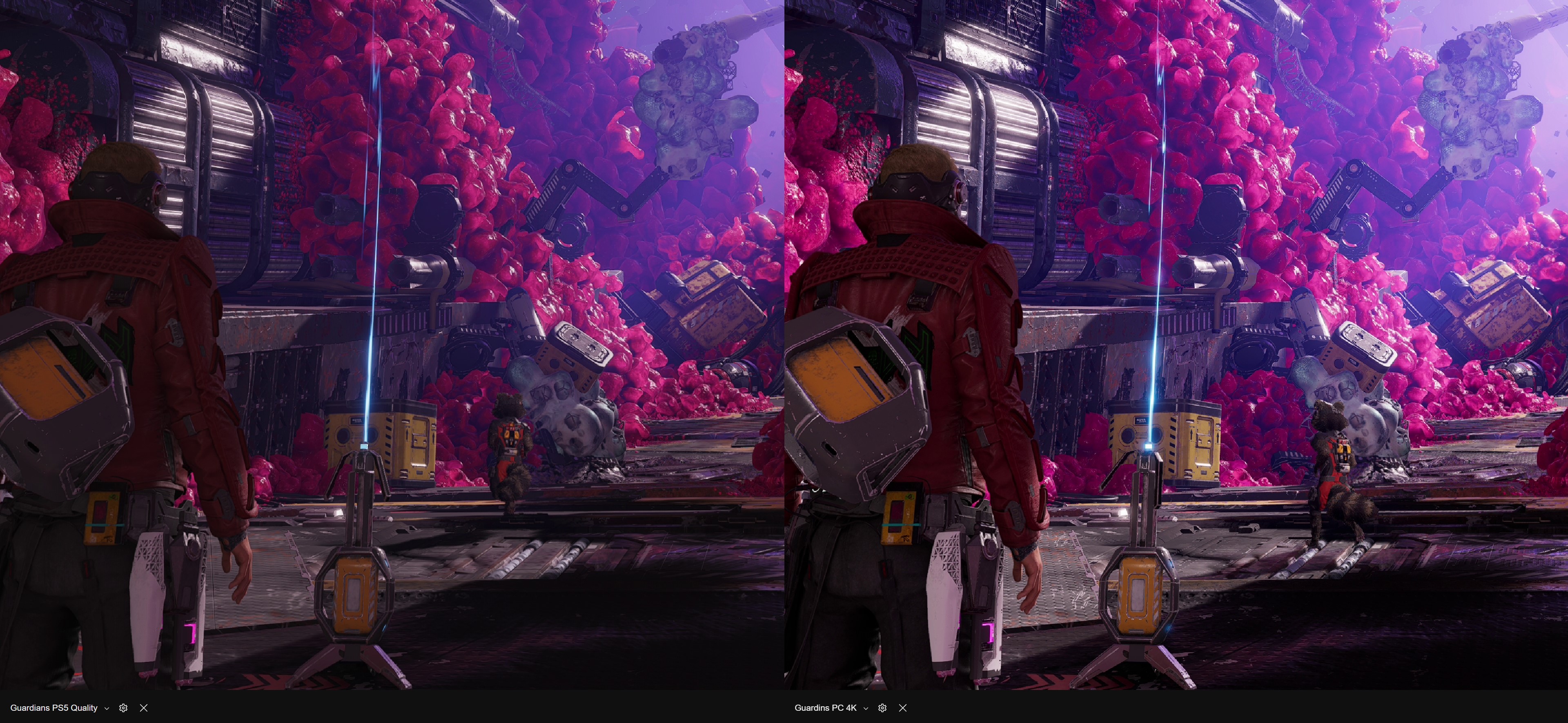 Qualidade de imagem entre PC e PS5 em Guardiões da Galáxia.