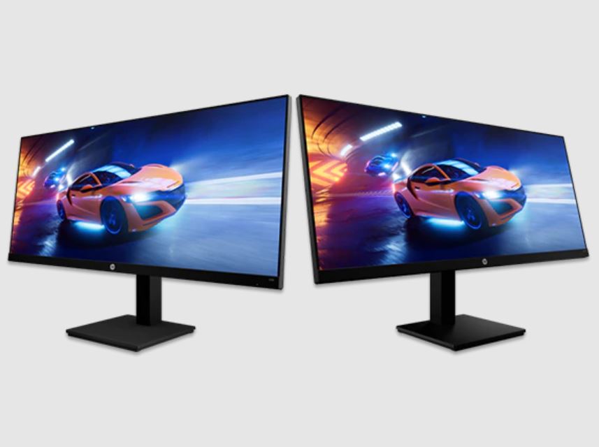Dois monitores de jogos HP X34 lado a lado.
